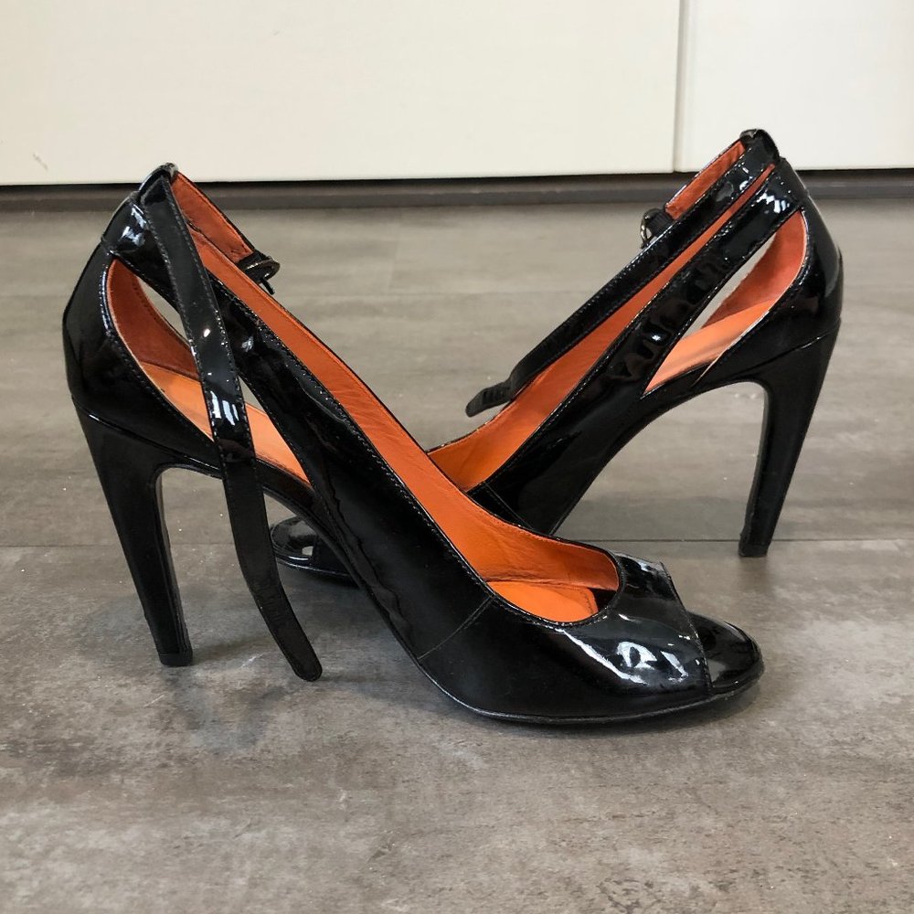 Via Spiga PeepToe Black Patent Leather Strap Pumps